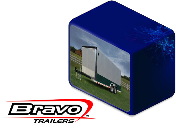 Logotipo de Bravo Trailers junto a una foto de producto de remolque