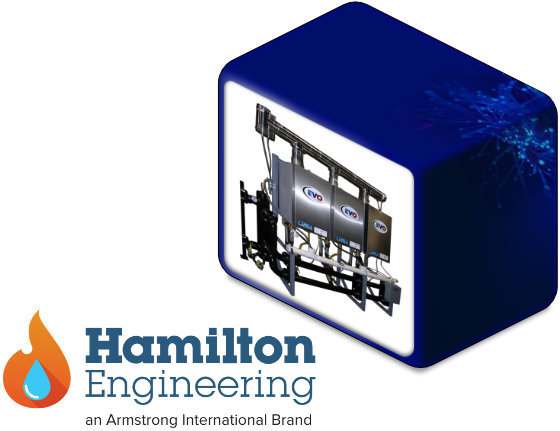 Logotipo de Hamilton Engineering junto a una de sus soluciones de agua caliente
