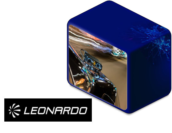 Logotipo de la empresa Leonardo junto al producto lector de matrículas.