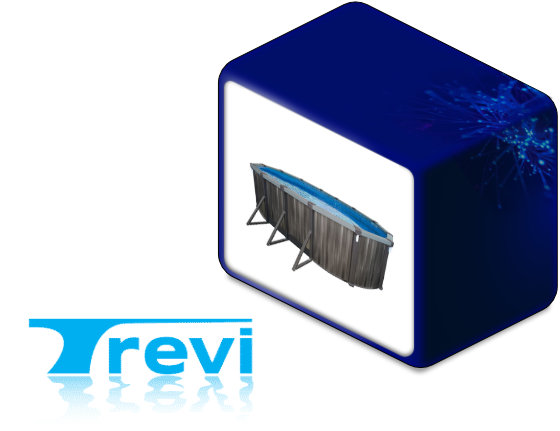 Logotipo de Trevi junto a una foto de un producto para piscinas