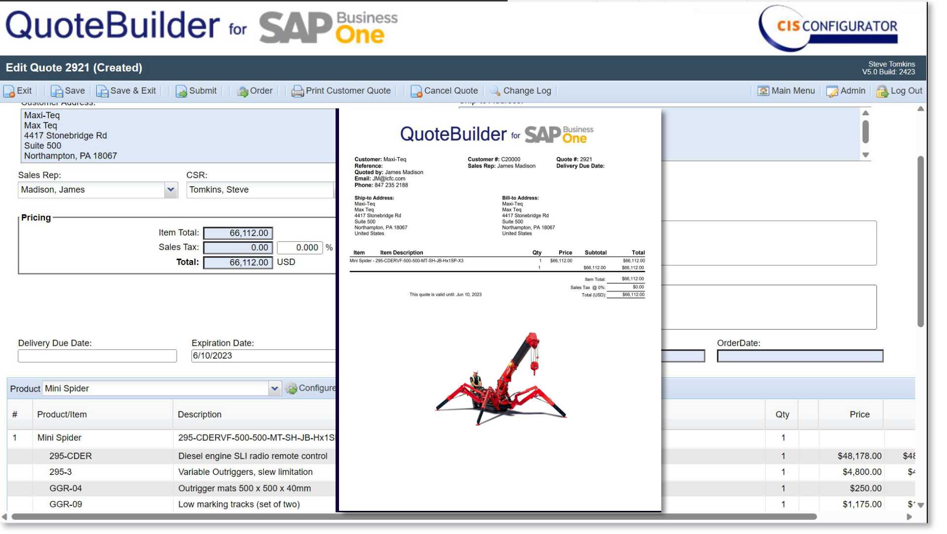 Captura de pantalla de CIS QuoteBuilder en SAP Business One